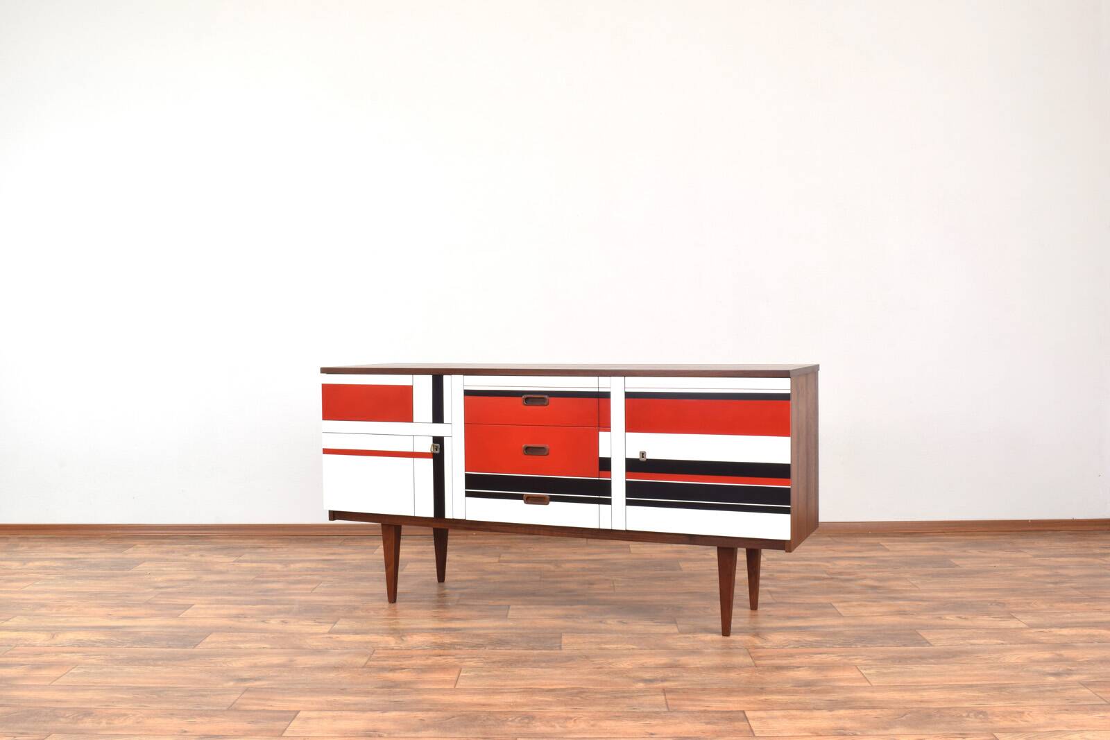 Mid-Century Walnut Sideboard with Hand-Painted Pattern, 1960s.
