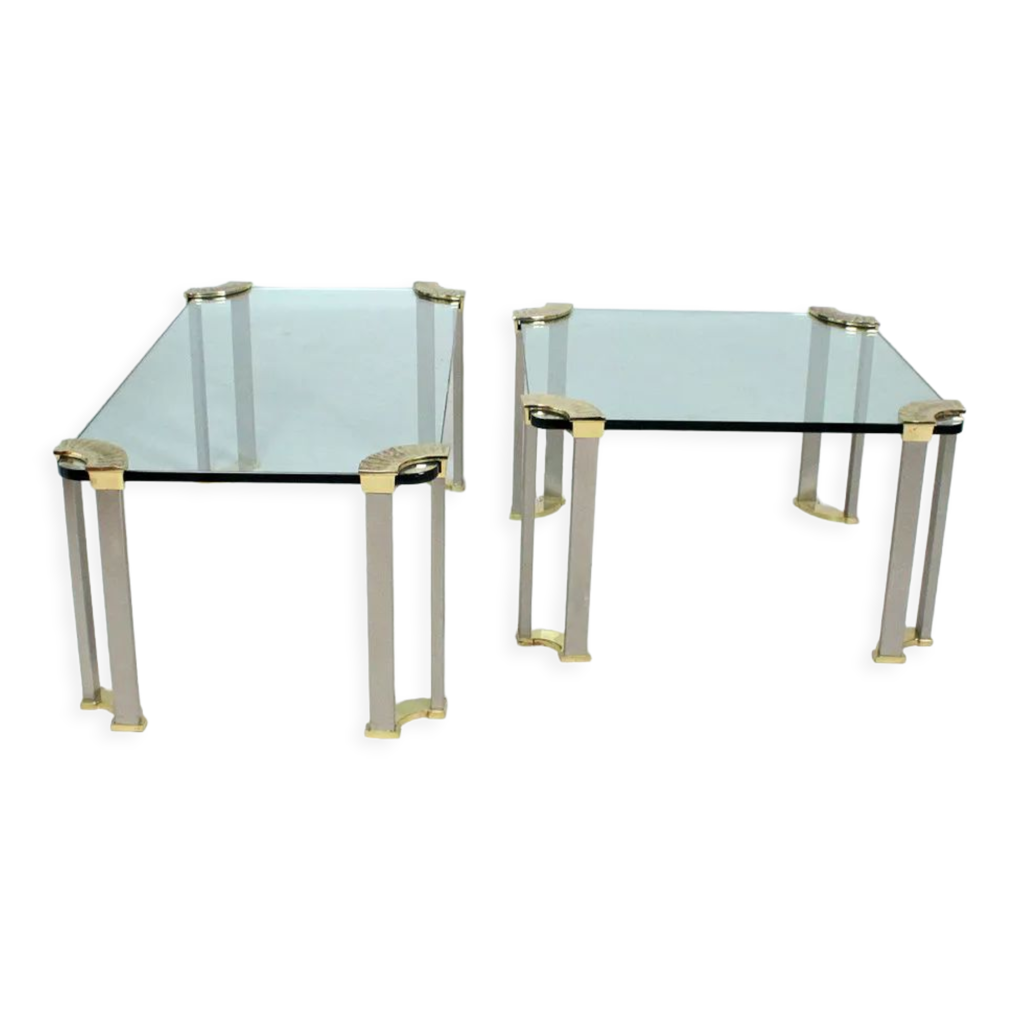 2 tables basses avec plateau en verre et pieds en laiton par Peter Ghyczy, 1970s