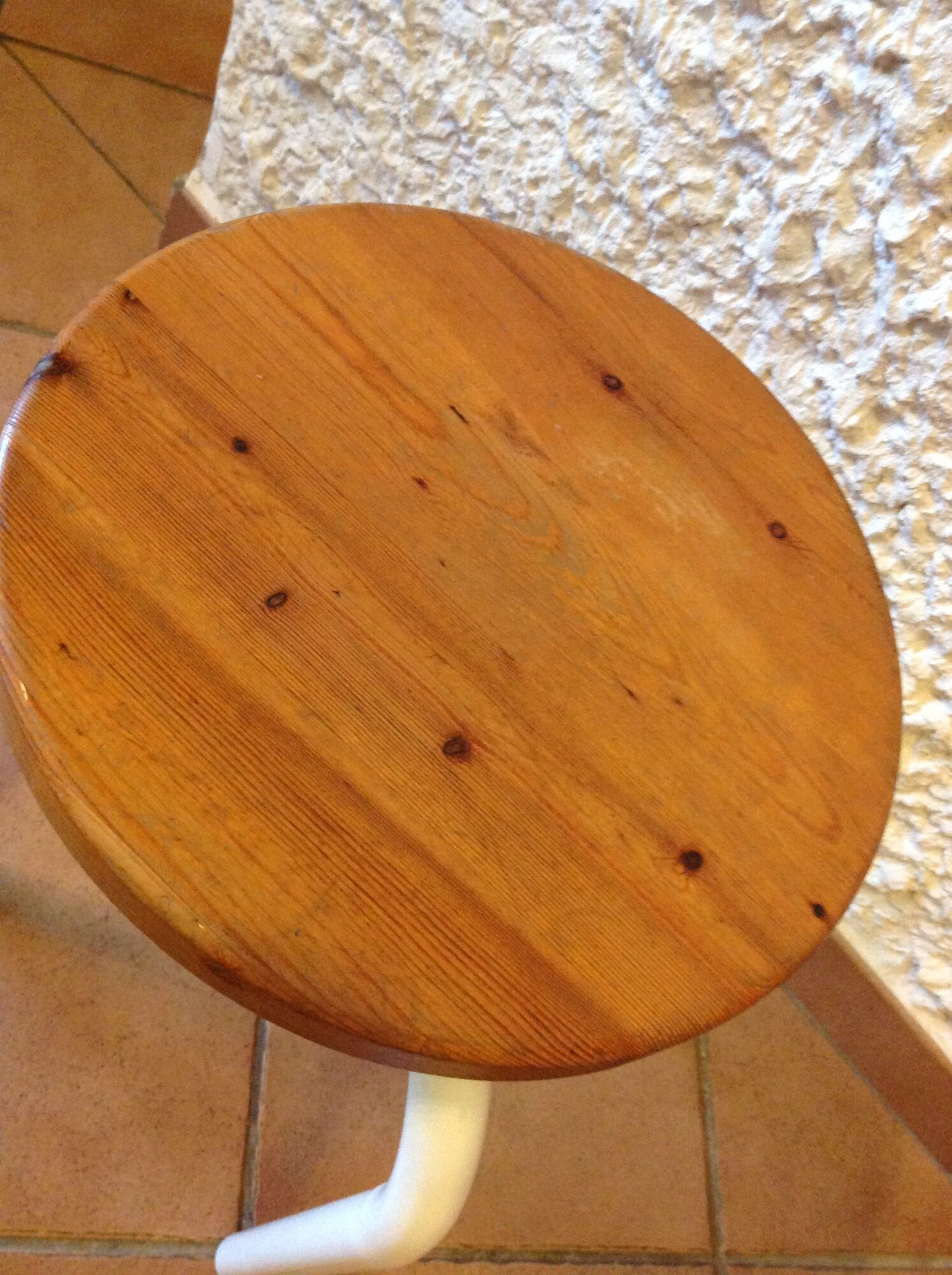 Old wooden stool and white lacquered feet industrial style, 60-70