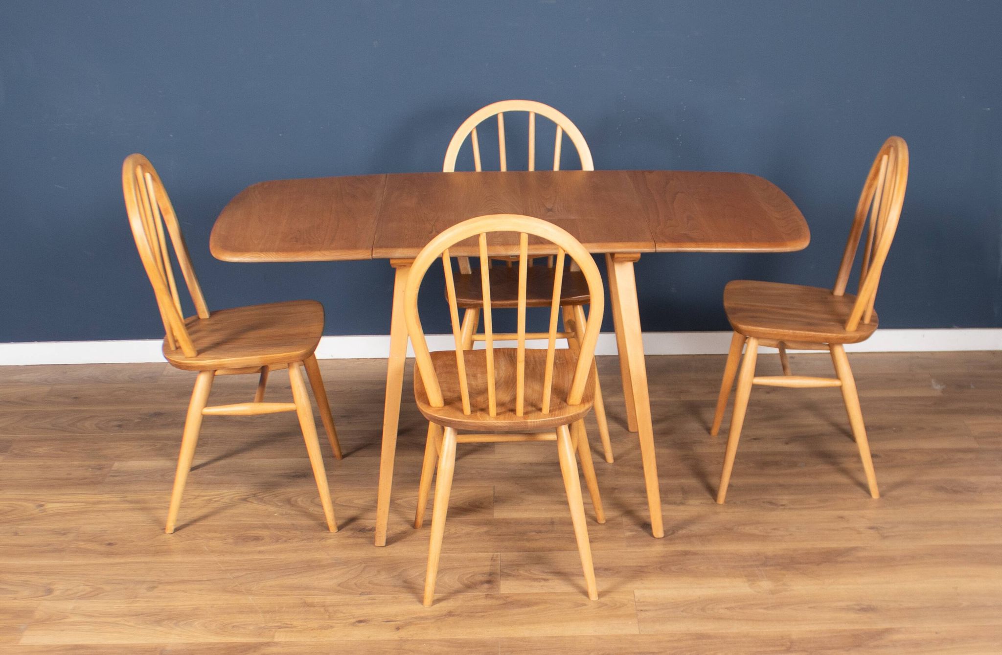 Retro Blonde Ercol Model 383 Dining Table & Four Model 370 Windsor Kitchen Dining Chairs