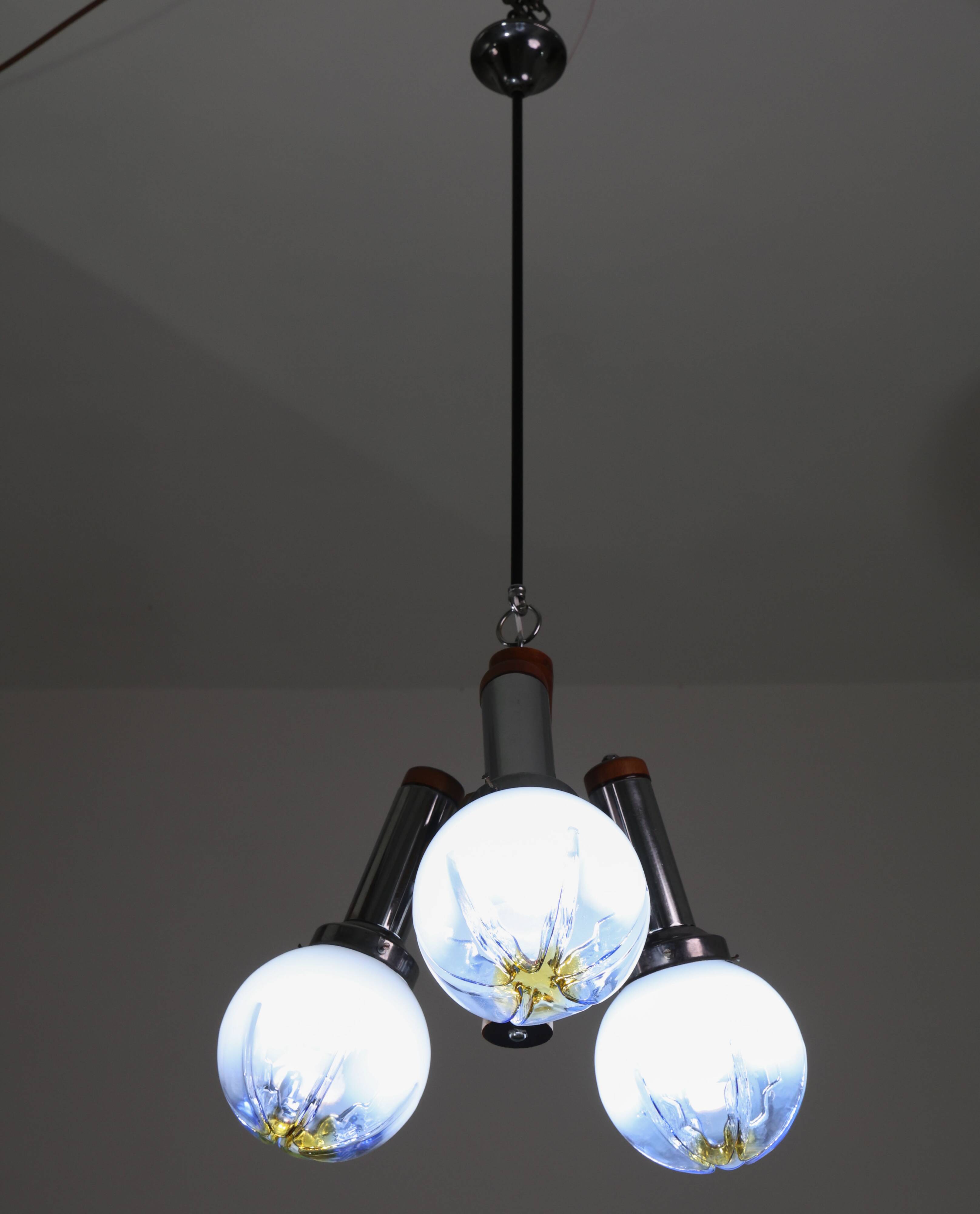 Chandelier en verre de Murano turquoise bleu à 3 lumières de style italien des années 50 par Mazzega