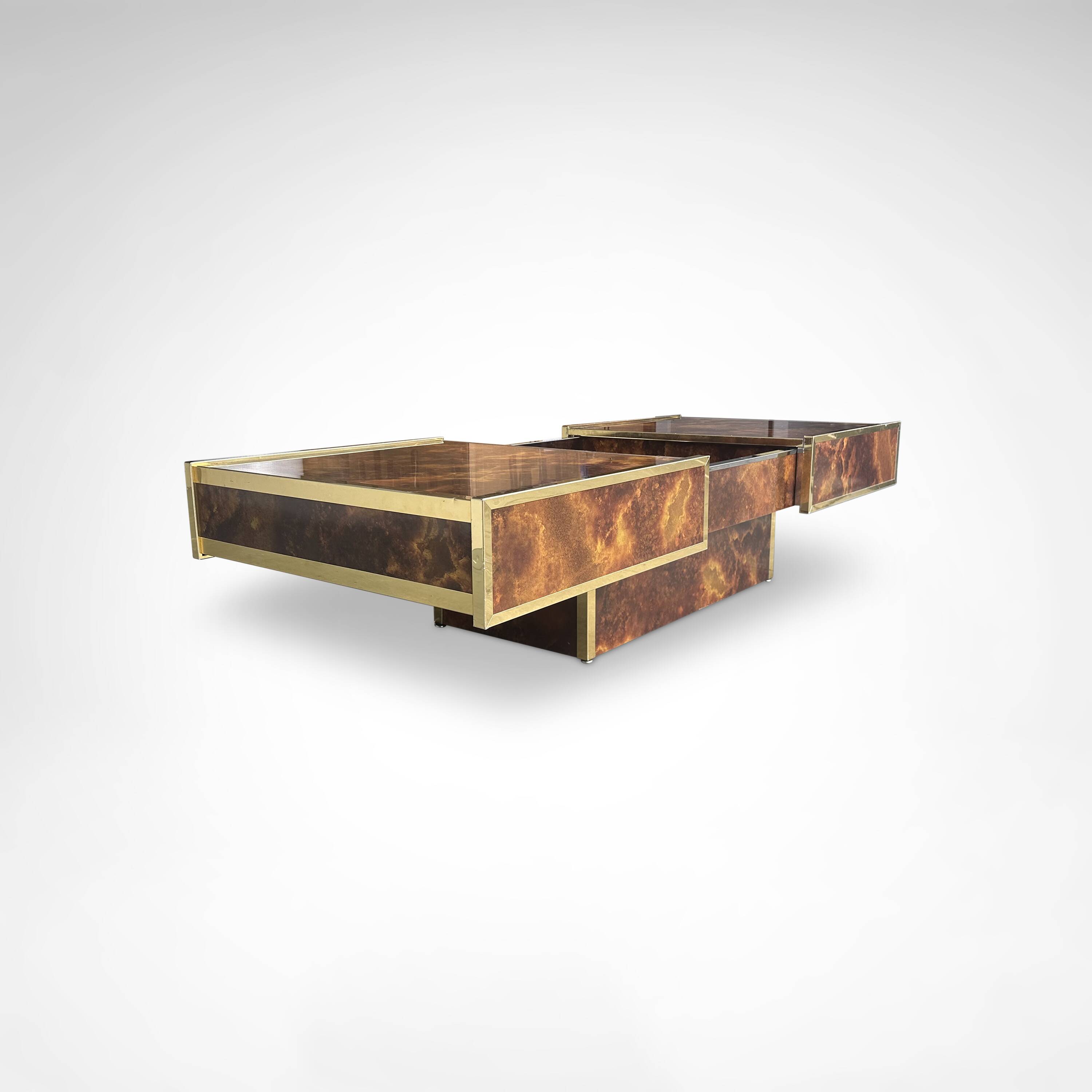 Burl wood and brass metal coffee table with integrated bar by Maison Lancel