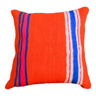 Coussin rayé en laine orange et multicolore