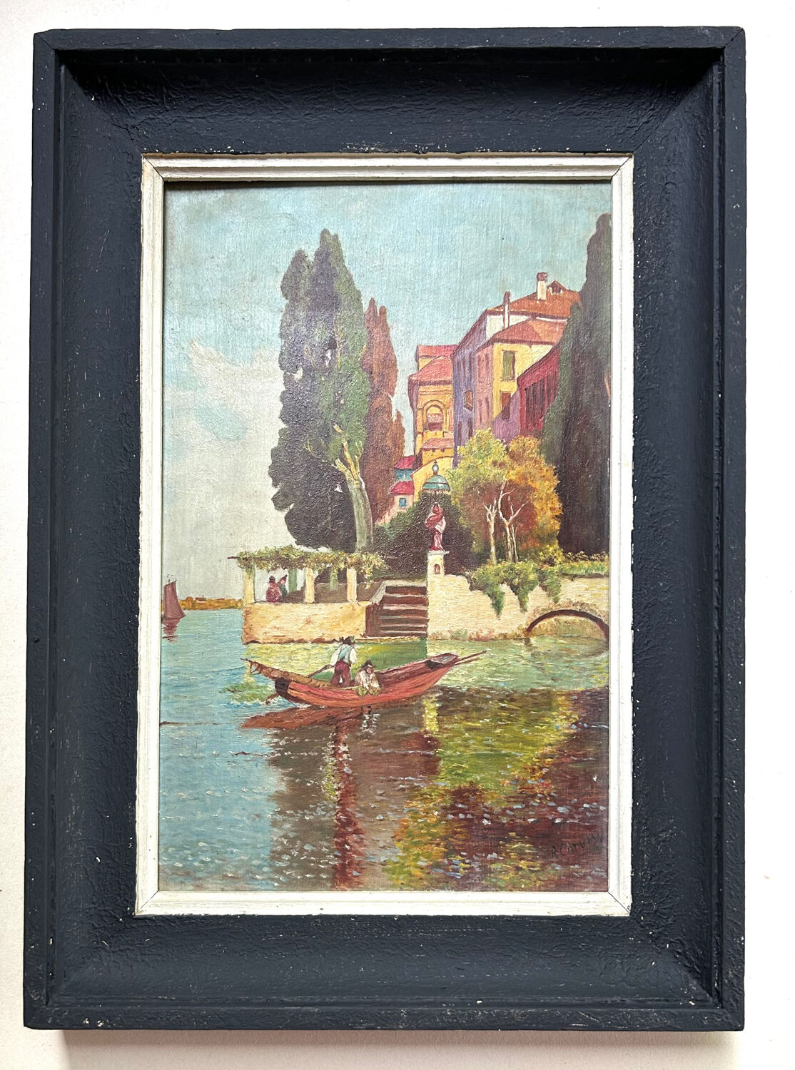 Barge on Lake Como, oil on panel, R. Corvisy, 20th century