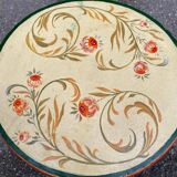 Asian tripod stool in solid wood, burgundy and beige flowers