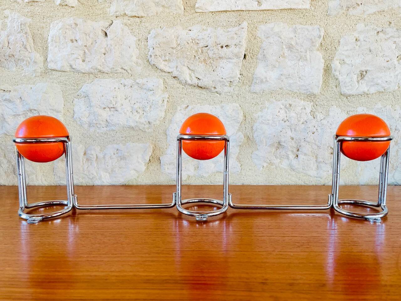 Space Age Chrome and Wood Wall Coat Rack 1970s