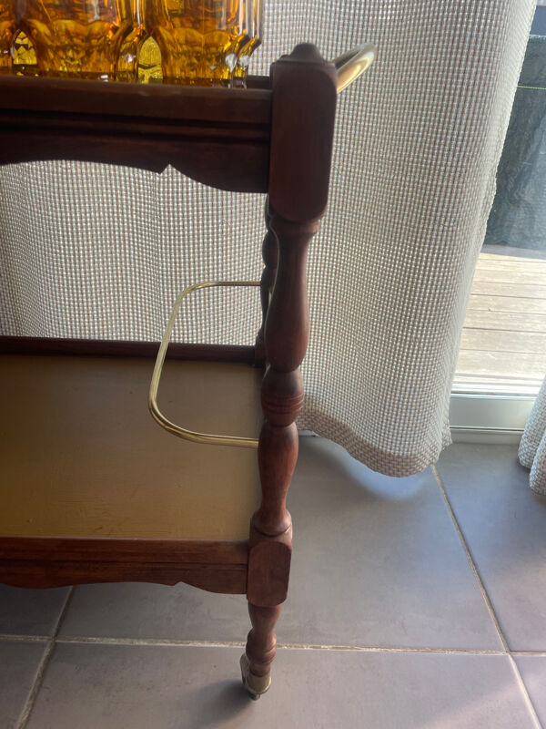 Desserte roulante en bois et laiton doré vintage