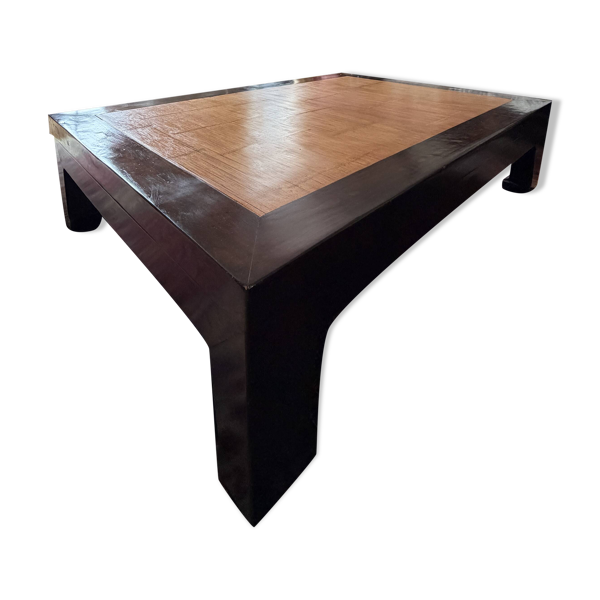 Grande table basse style Opium en bois exotique massif et plateau en fibres