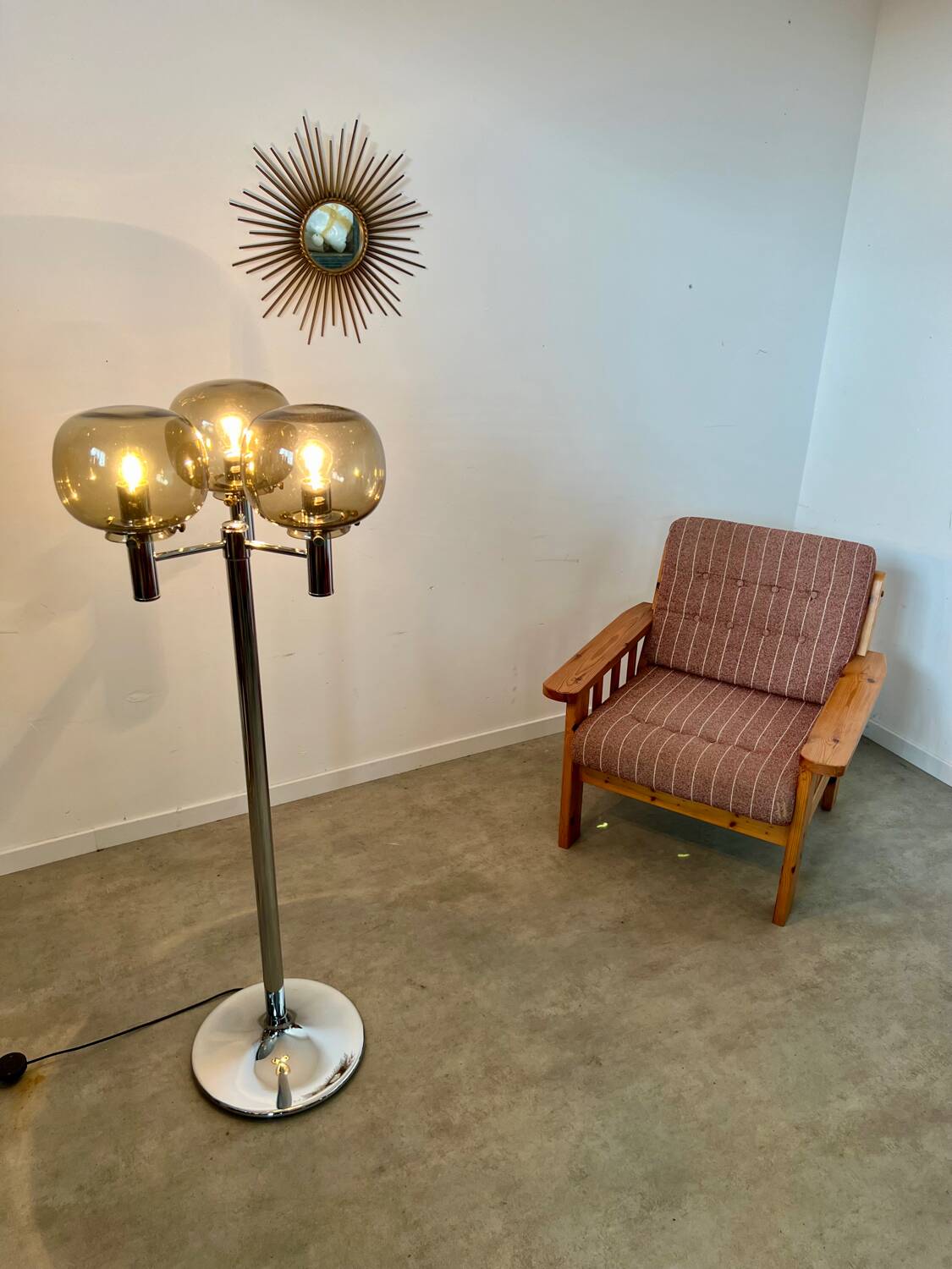 Old 3-light chrome and smoked glass floor lamp Italian design from the 70s vintage