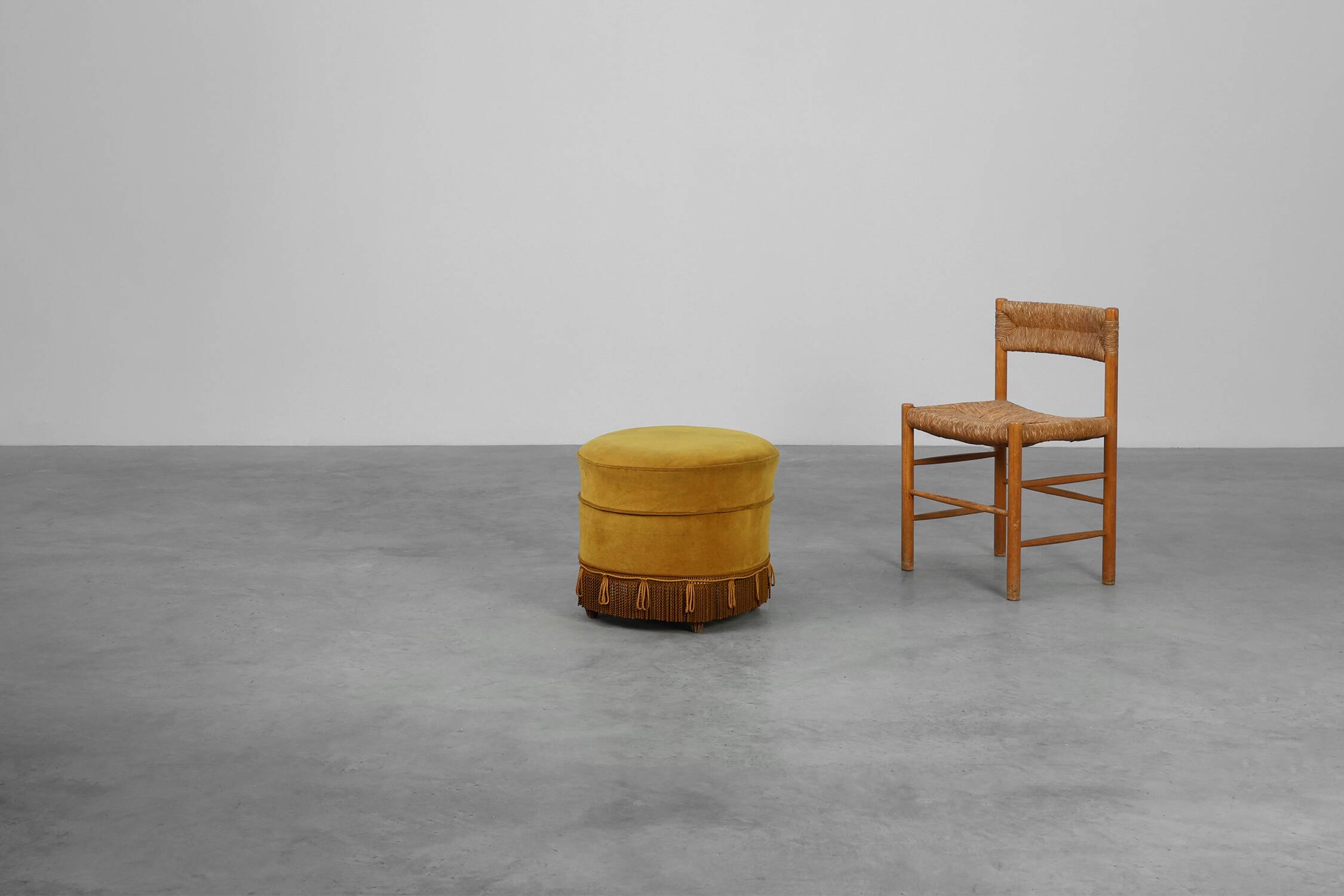 Mid‑Century Mustard‑Yellow Ottoman in Wood and Velvet, France 1950s