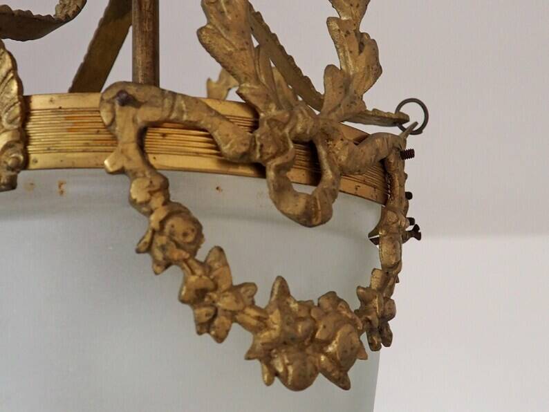 Antique French Louis XVI Style Glass and Bronze Pendant Lamp c. 1900