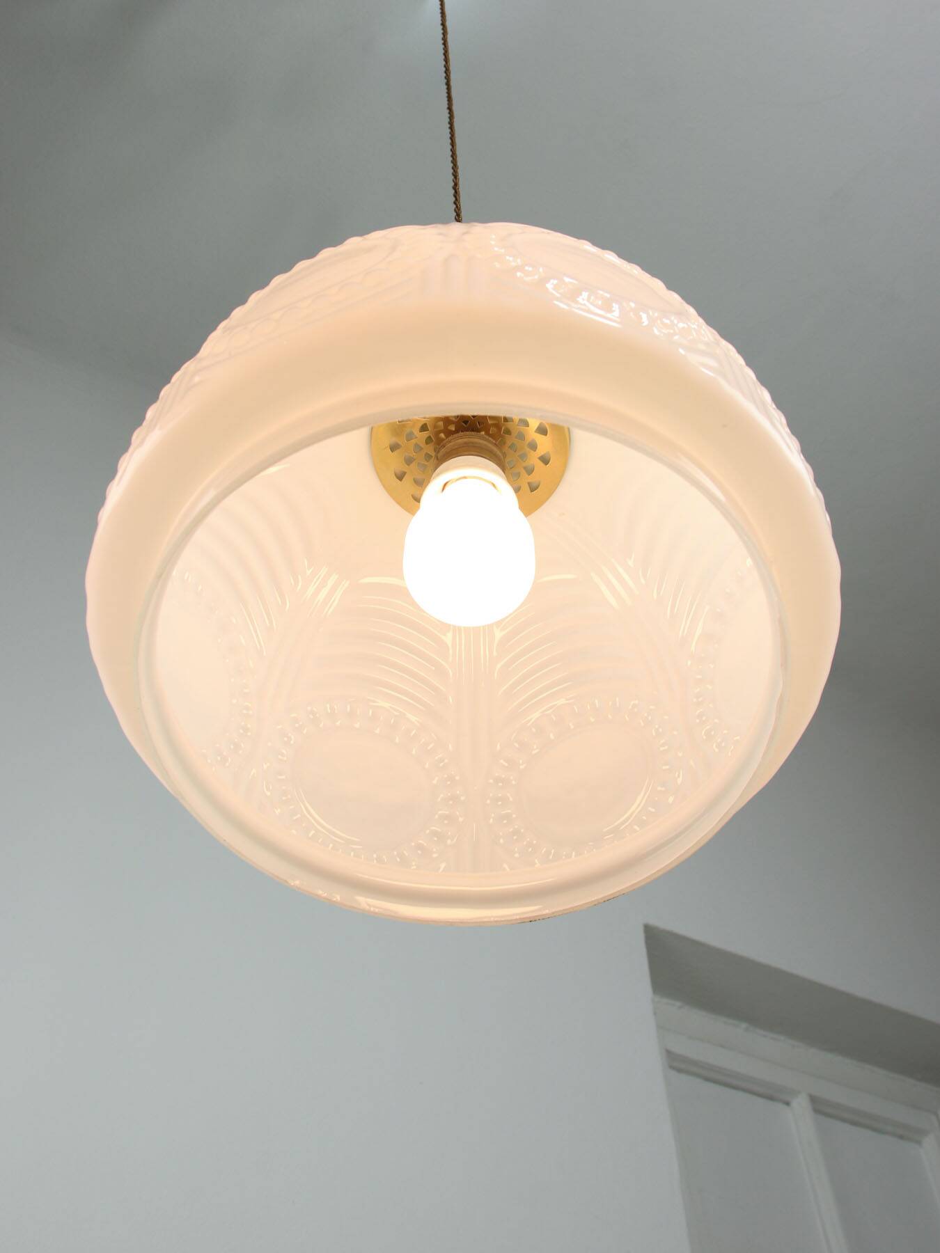 intricate Mid-Century Italian Brass and Opaline Pendant Lamp, 1950s