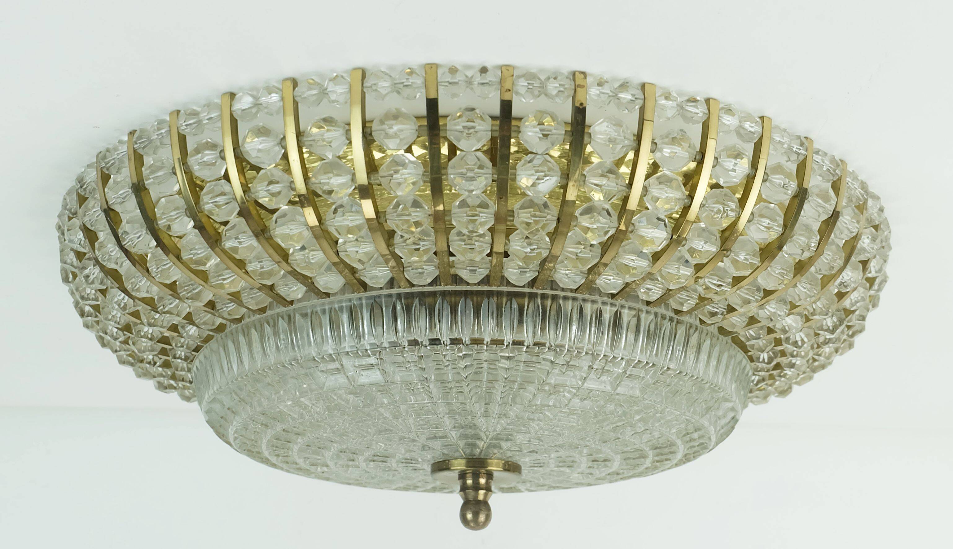Glamorous 1960s mid century ceiling lamp ceiling fixture brass and glass