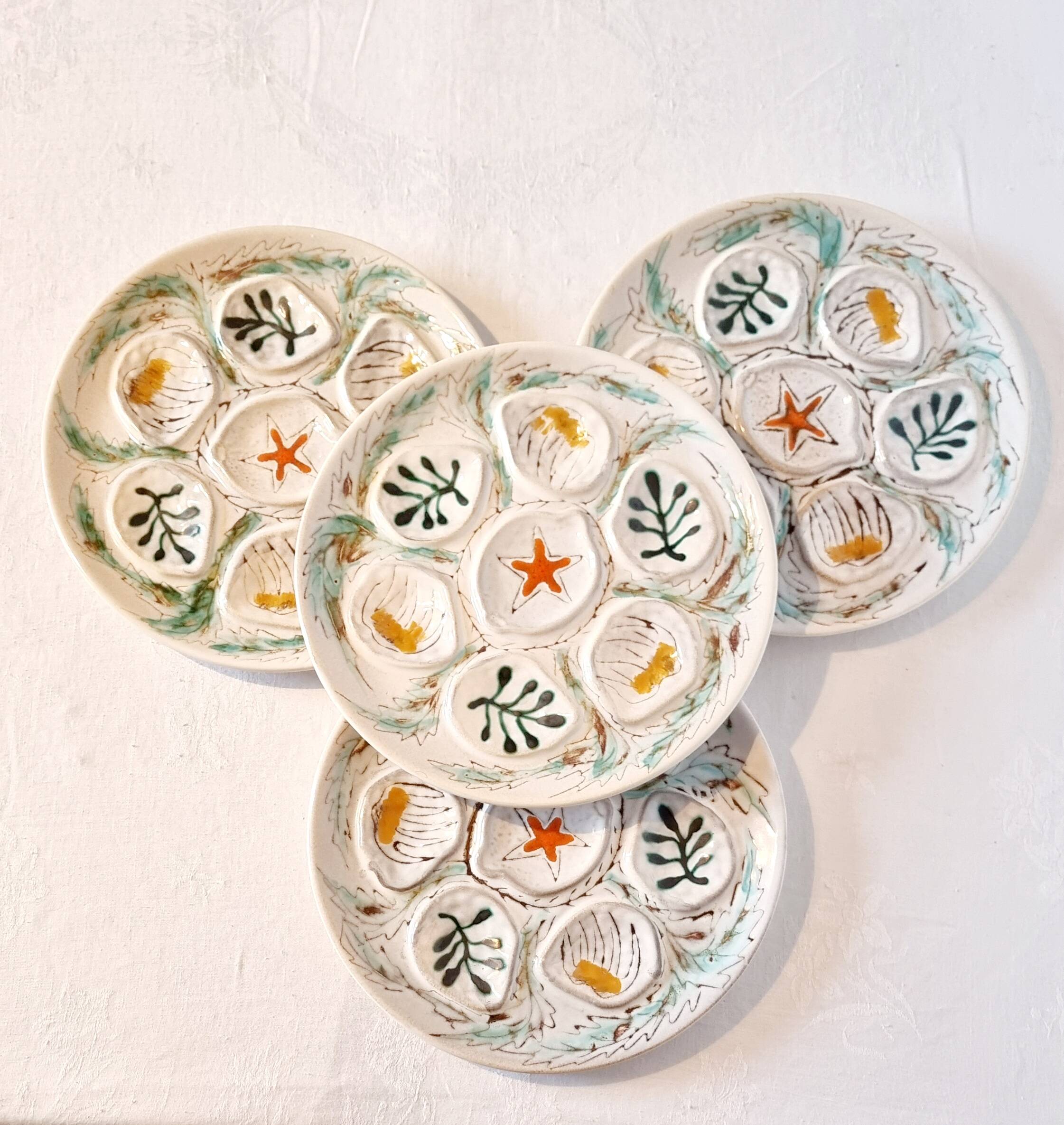 Interesting French porcelain oyster dish MBFA Pornic hand-painted marine M.