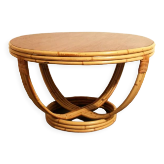 Vintage Rattan coffee table with a teak top
