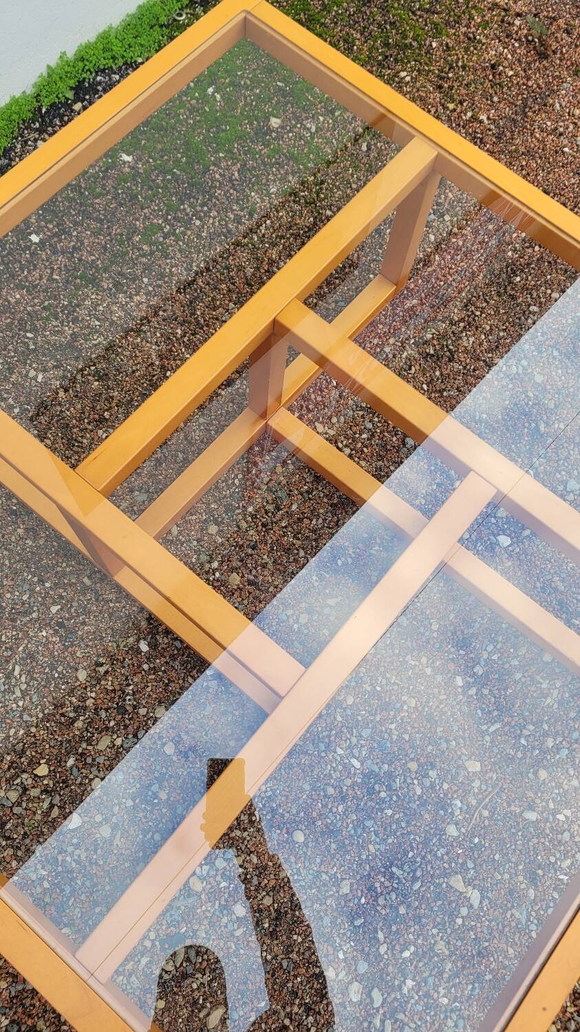 Modernist vintage square coffee table, in wood and old glass