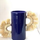Tube vase with raffia handles