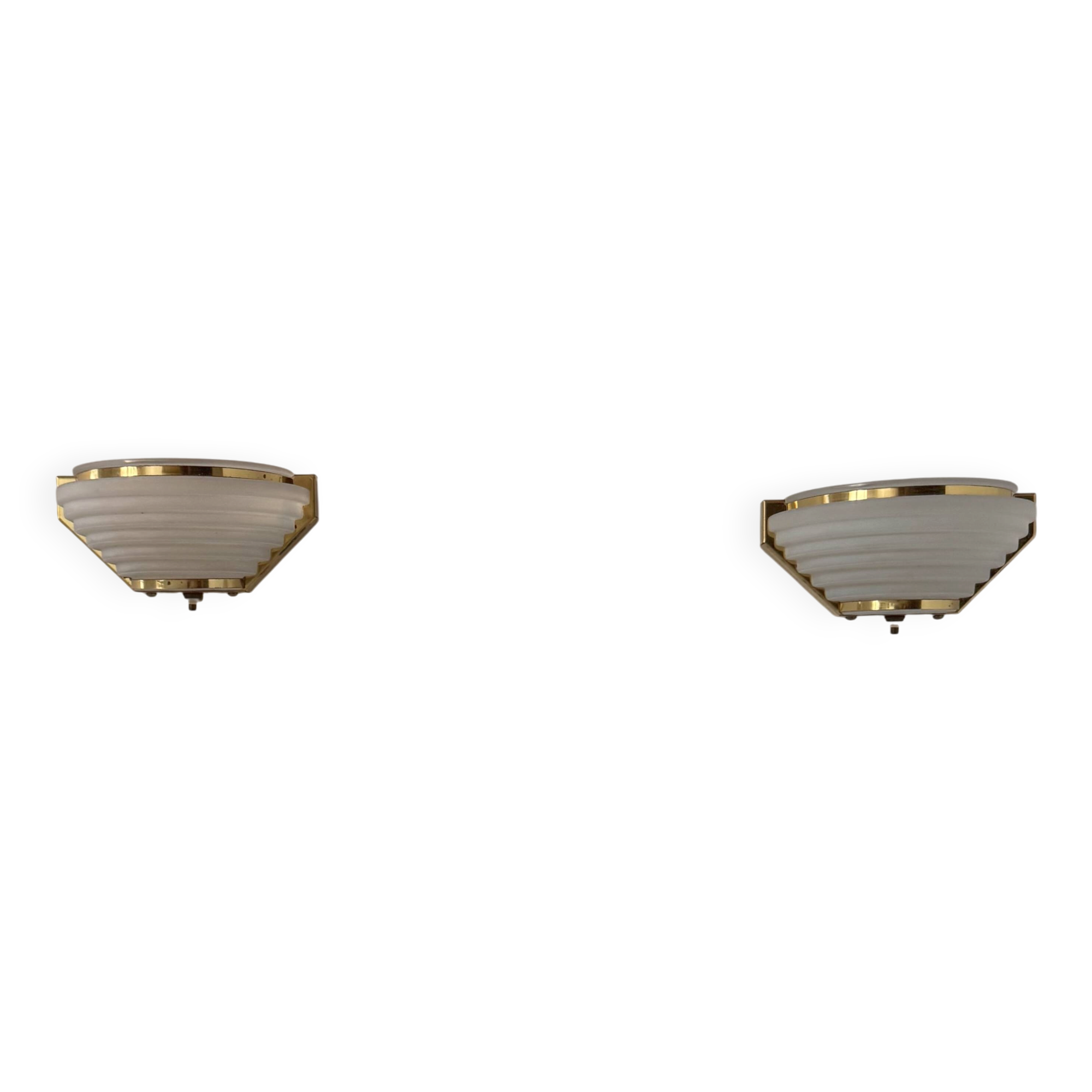 Pair of vintage brass and frosted glass wall lights, France, 1970.