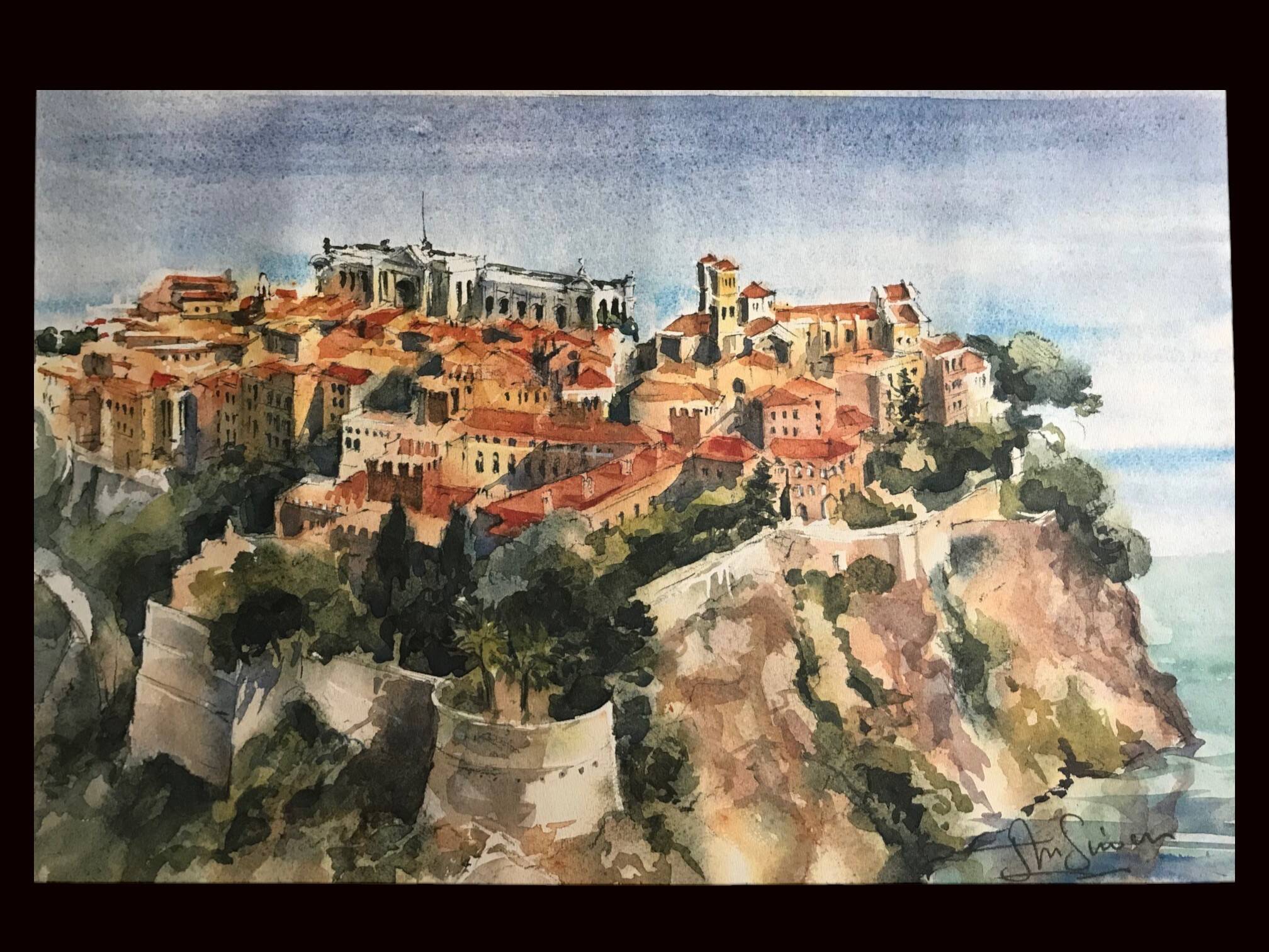 Lithograph Monaco the Palace signed Jean-Marie Simon 20th century