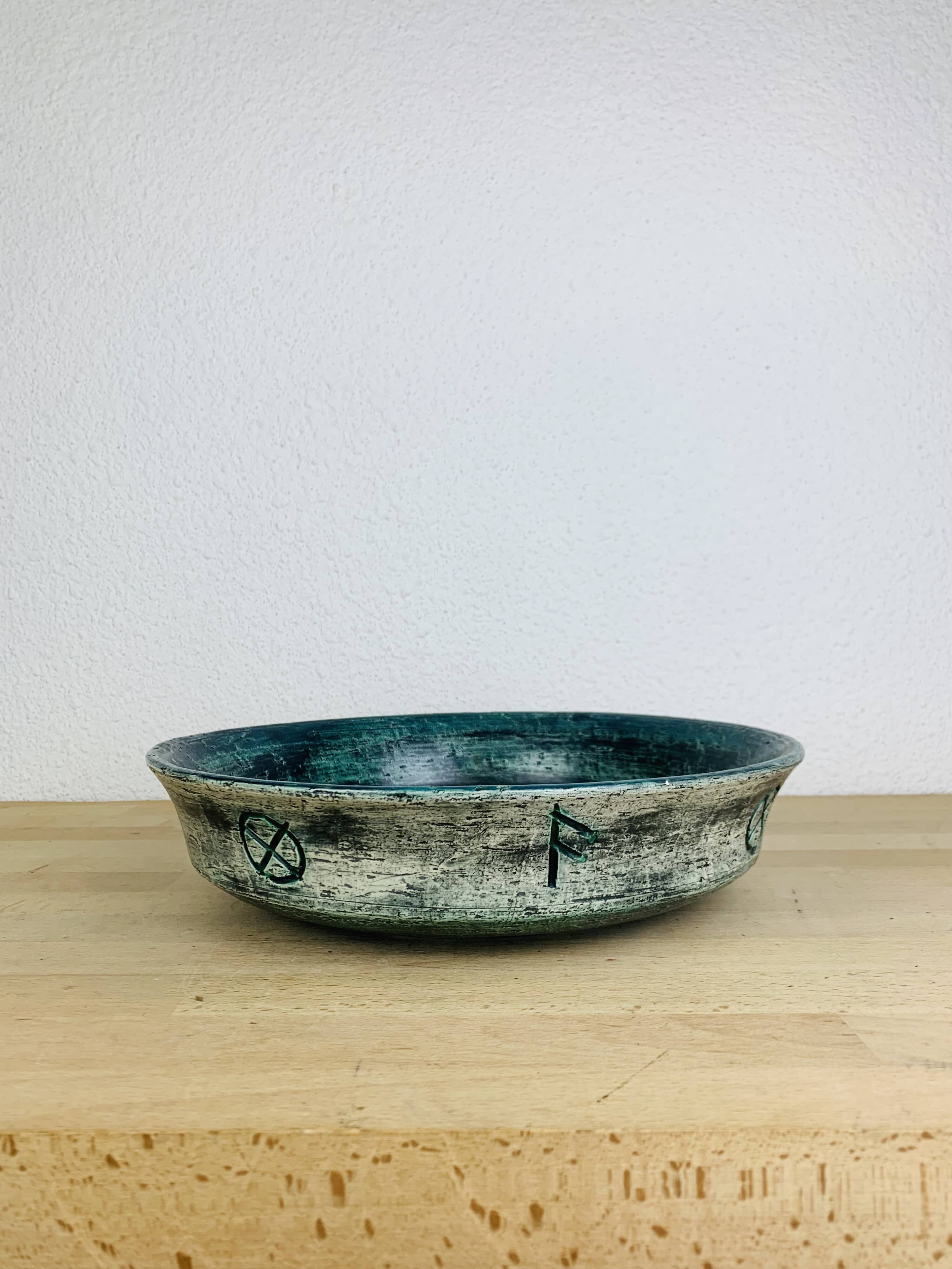 Round blue ceramic dish signed Arol Norway