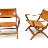 Two 1950s Danish Safari Chairs In Oak & Hide Leather by Poul Hundevad