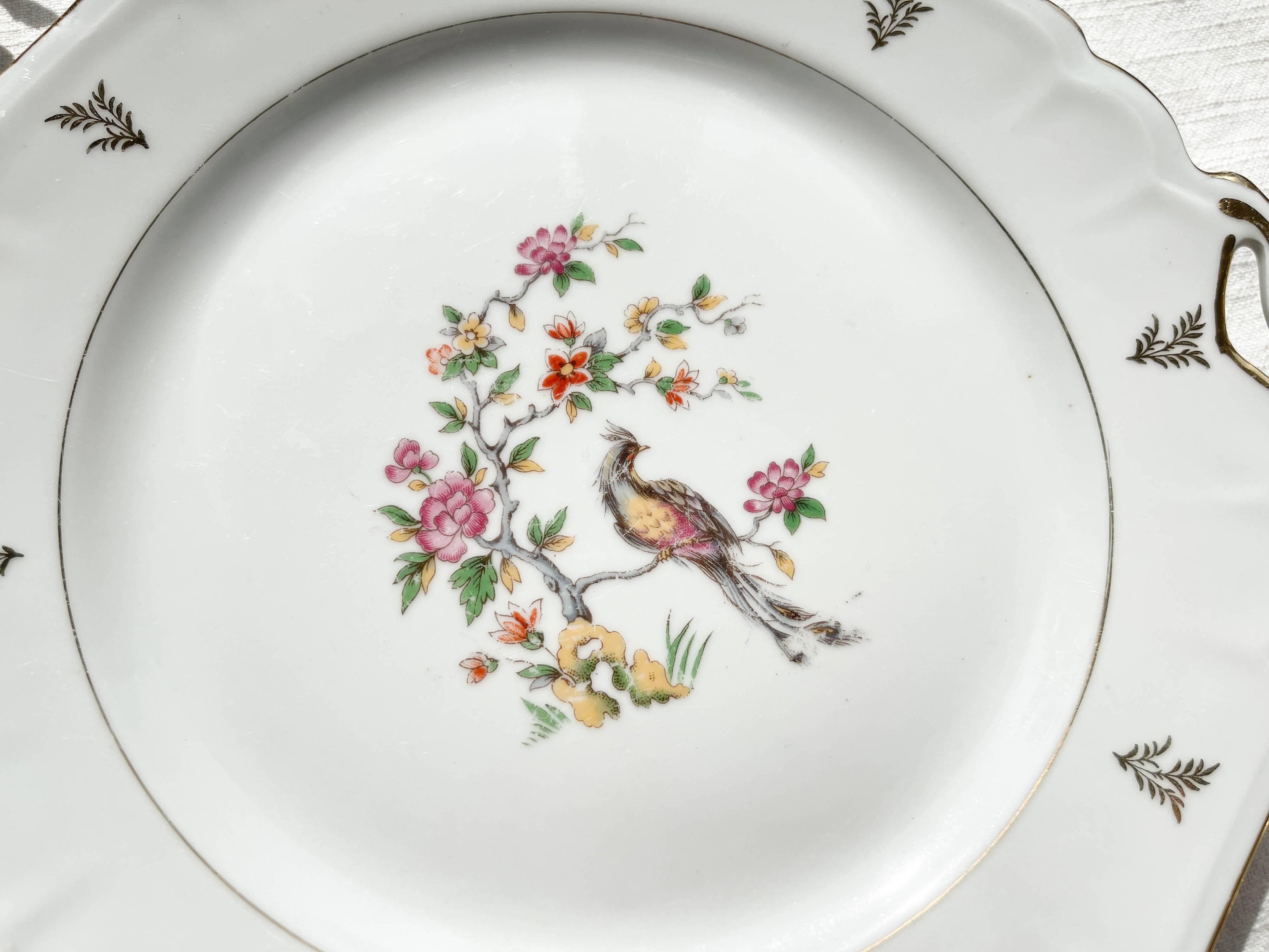 Vintage Limoges Berry porcelain cake dish with bird of paradise motif -