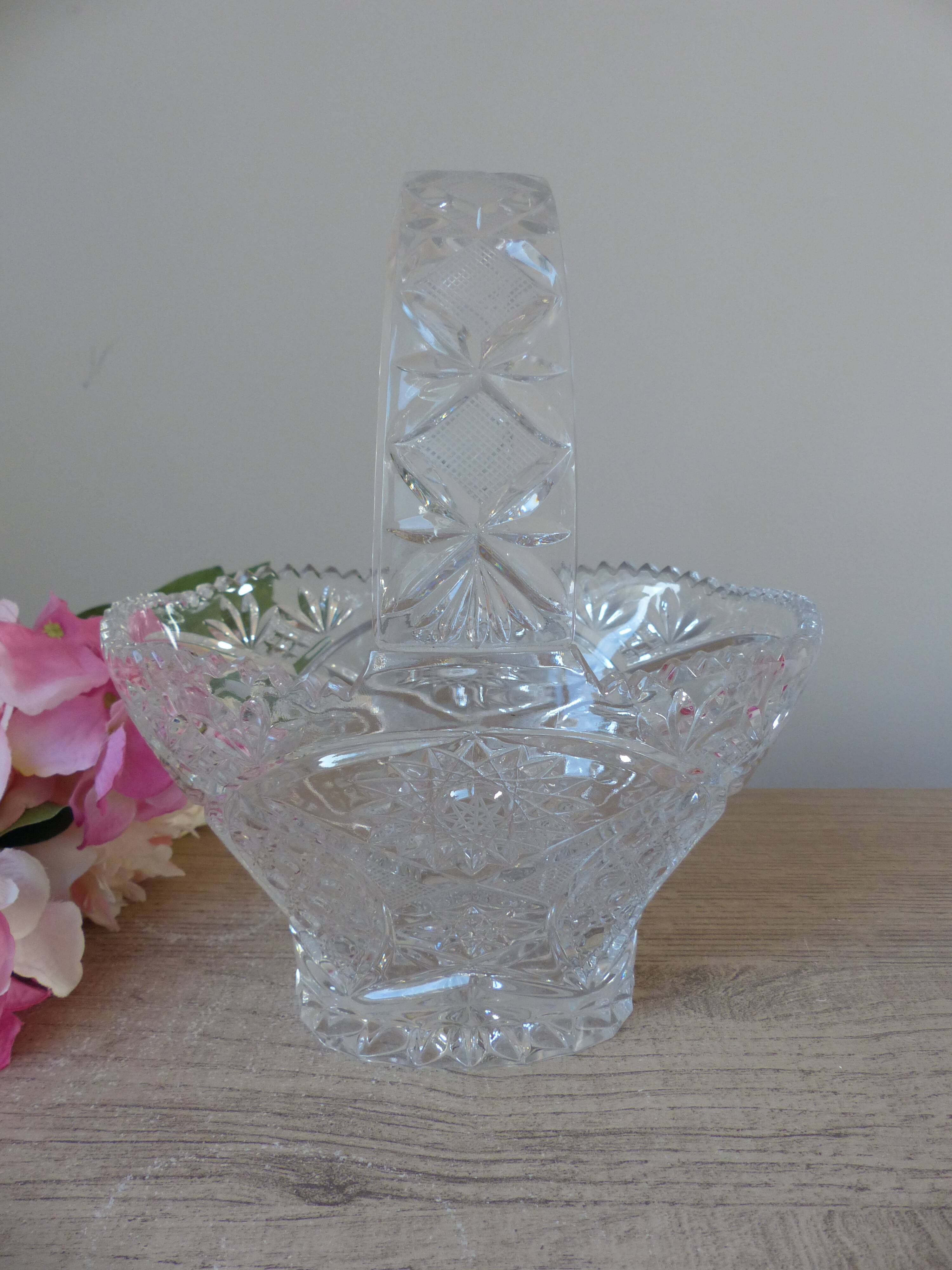 Vintage 1970s crystal basket – oval bowl with handle