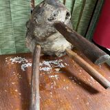 Old brutalist design wooden tripod stool