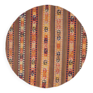 6x6 Orange & Brown Circle Striped Pattern Kilim Area Rug, 183x183Cm