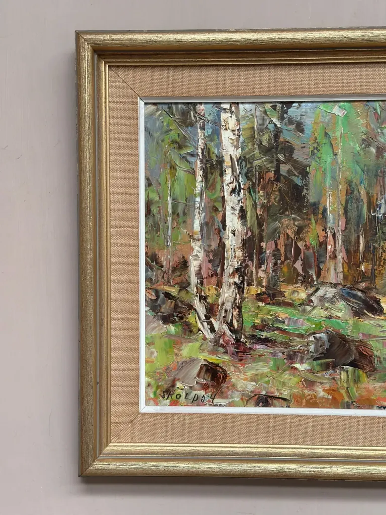 Original Swedish Oil on Canvas – “Birch Forest” by John Sköld – Signed – Dated 1954 – Framed – 40 × 40 cm