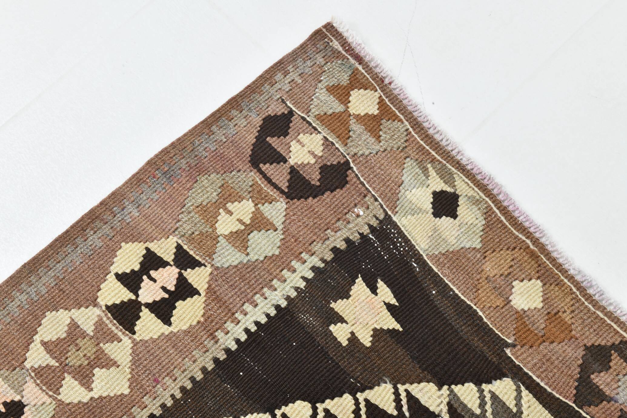 140x380Cm Brown & Grey Kilim Rug, Handmade Wool Area Rug, Stair Rug,