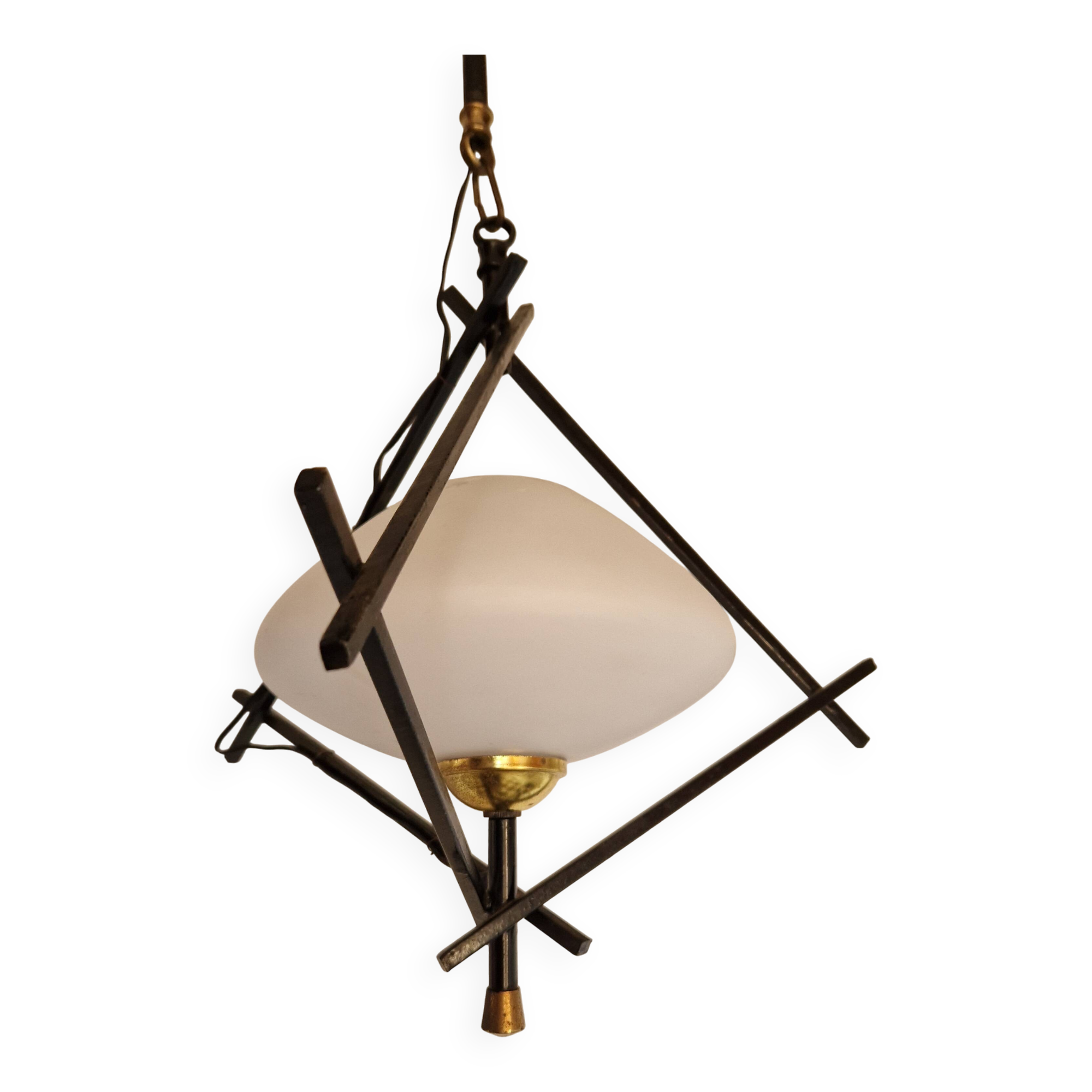 Opaline and metal triangular pendant light from Maison Lunel, 1950