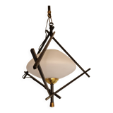 Opaline and metal triangular pendant light from Maison Lunel, 1950