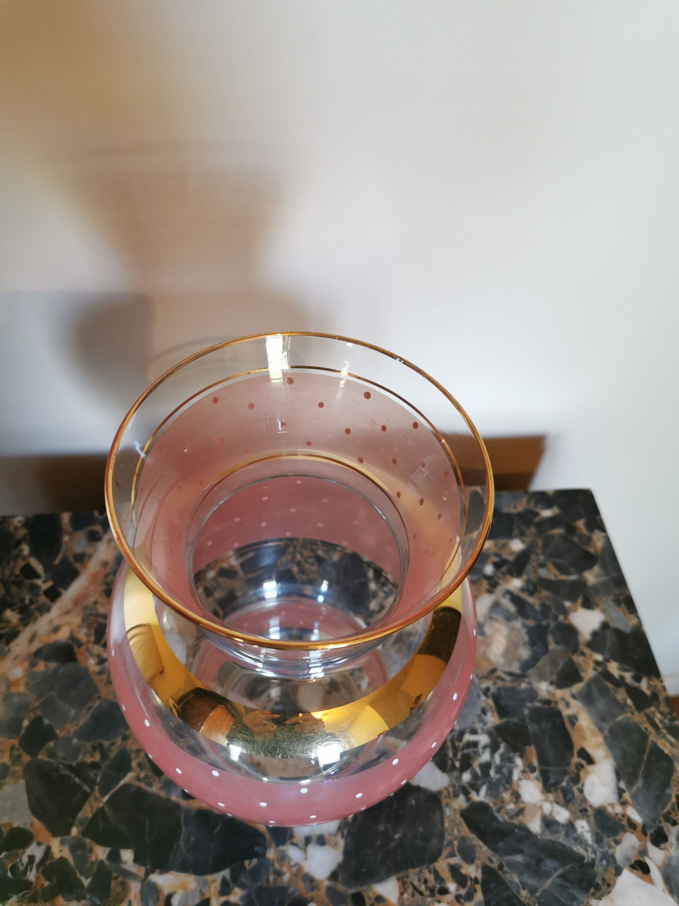 Pink vintage vase, gilded and white plumetis