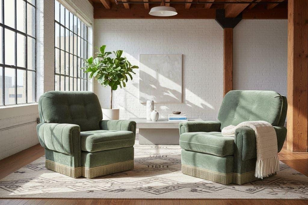 Ensemble de 2 chaises/fauteuils simples vintage verts à franges