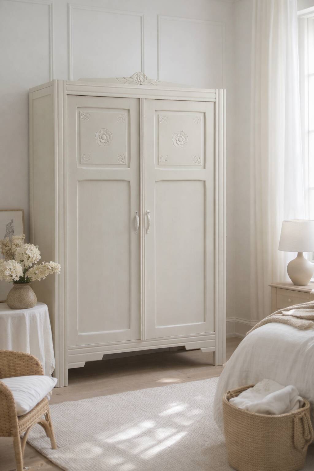 Armoire Art Déco réenchantée en beige.