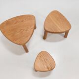 Set of triangular oak Brutalist side tables