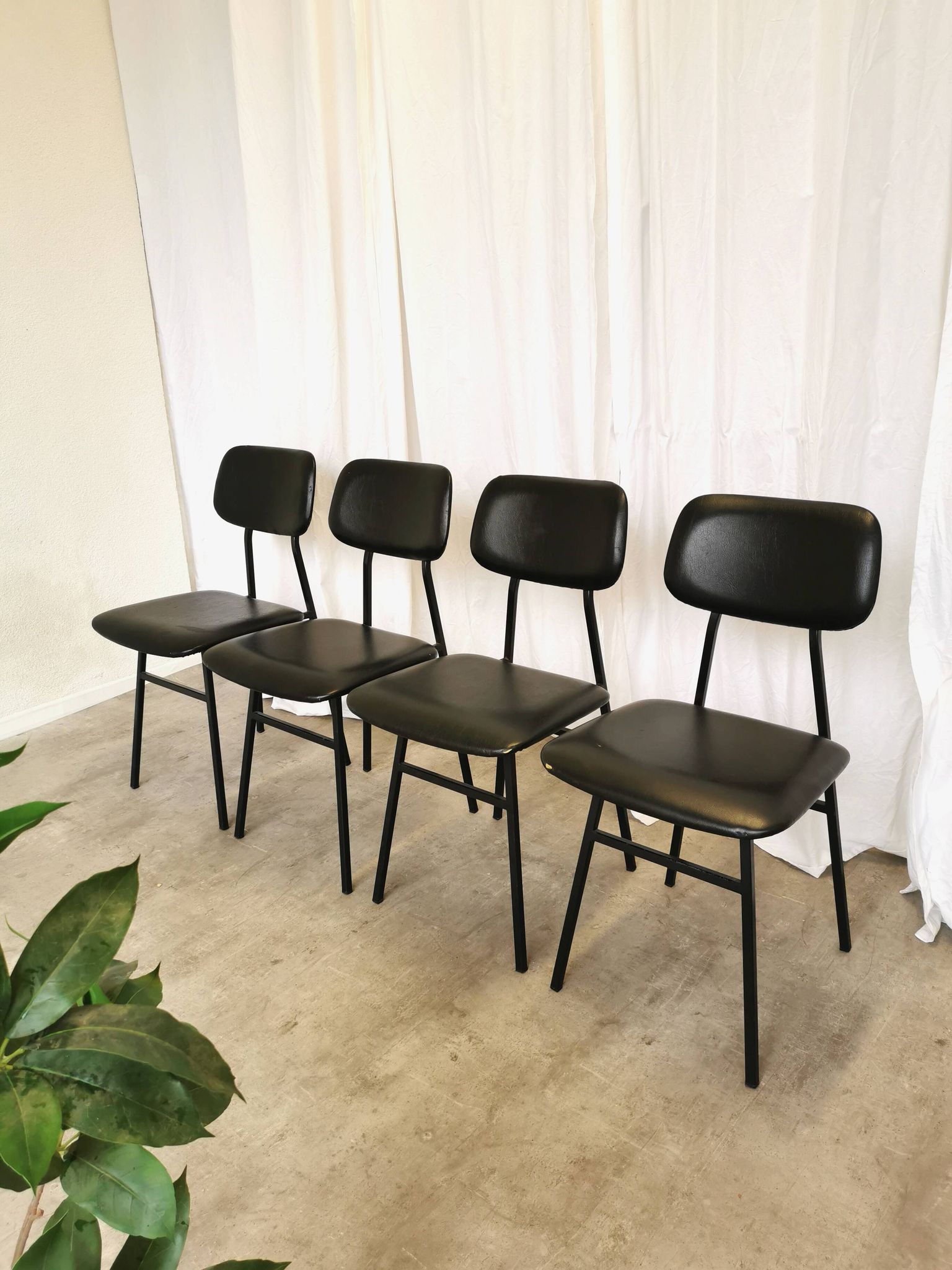 SET of 4 Vintage School Chairs /Black Leather / STOL Kamnik 80s Yugoslavia