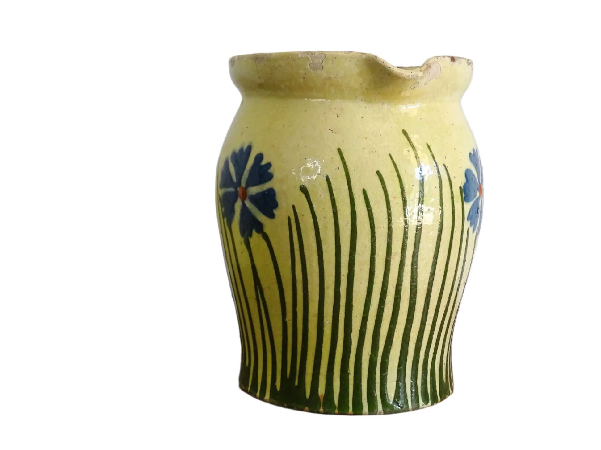 Pichet ancien en faïence française orné de fleurs peintes à la main