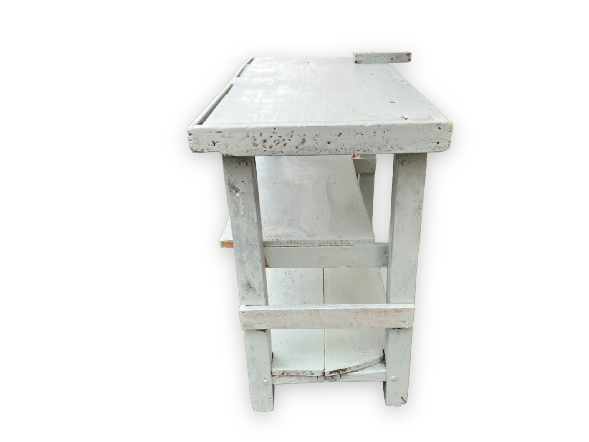 Light blue painted wooden workbench