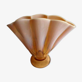 Art deco vase shape curved fan brown glass and pink opaline