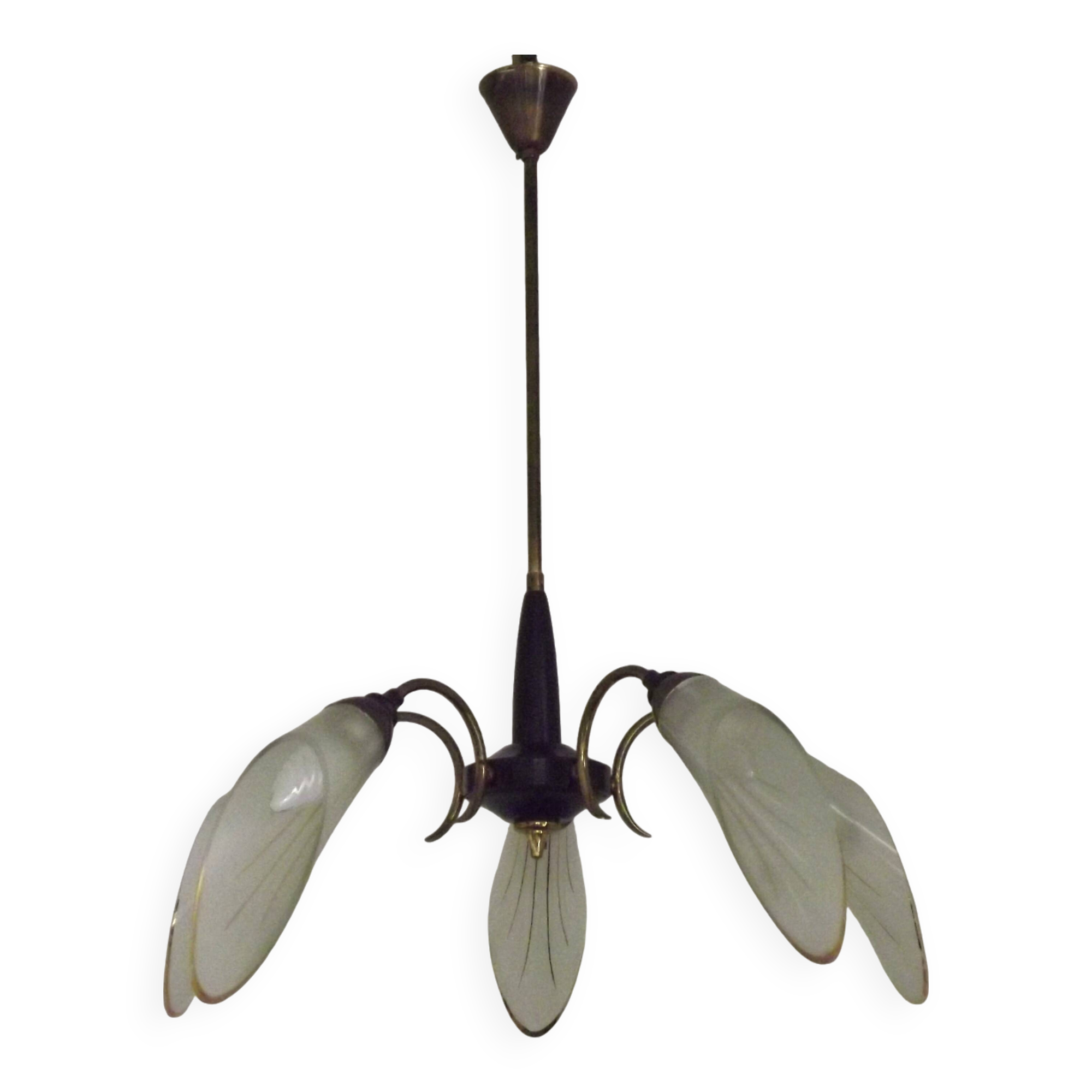 French Vintage Retro Mid Century Black & Gold 5 Arm Chandelier with Glass Shades 5080