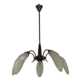 French Vintage Retro Mid Century Black & Gold 5 Arm Chandelier with Glass Shades 5080