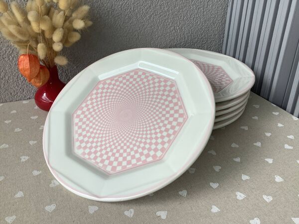 Assiettes San Marciano vichy psychédélique rose - rare