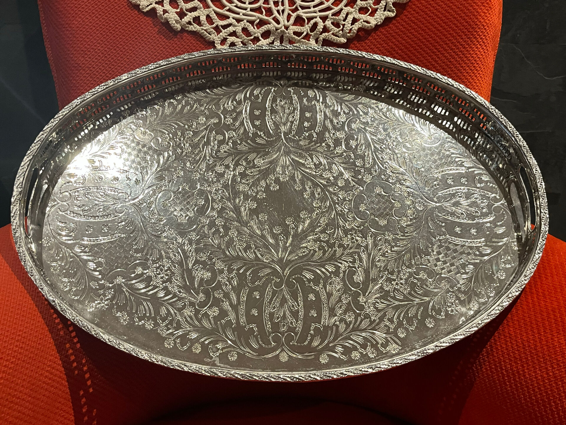 Large silver metal tray
