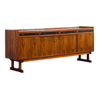 Mid-century modern rosewood sideboard with drawers finished in black leather, Denmark, 1960s
