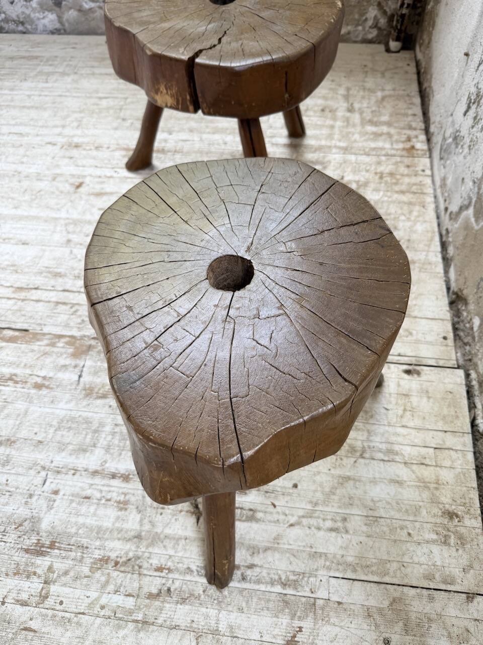 Pair of oak tripod shepherd's stools