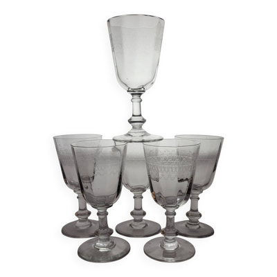 6 verres à vin / eau en verre gravé début XXème