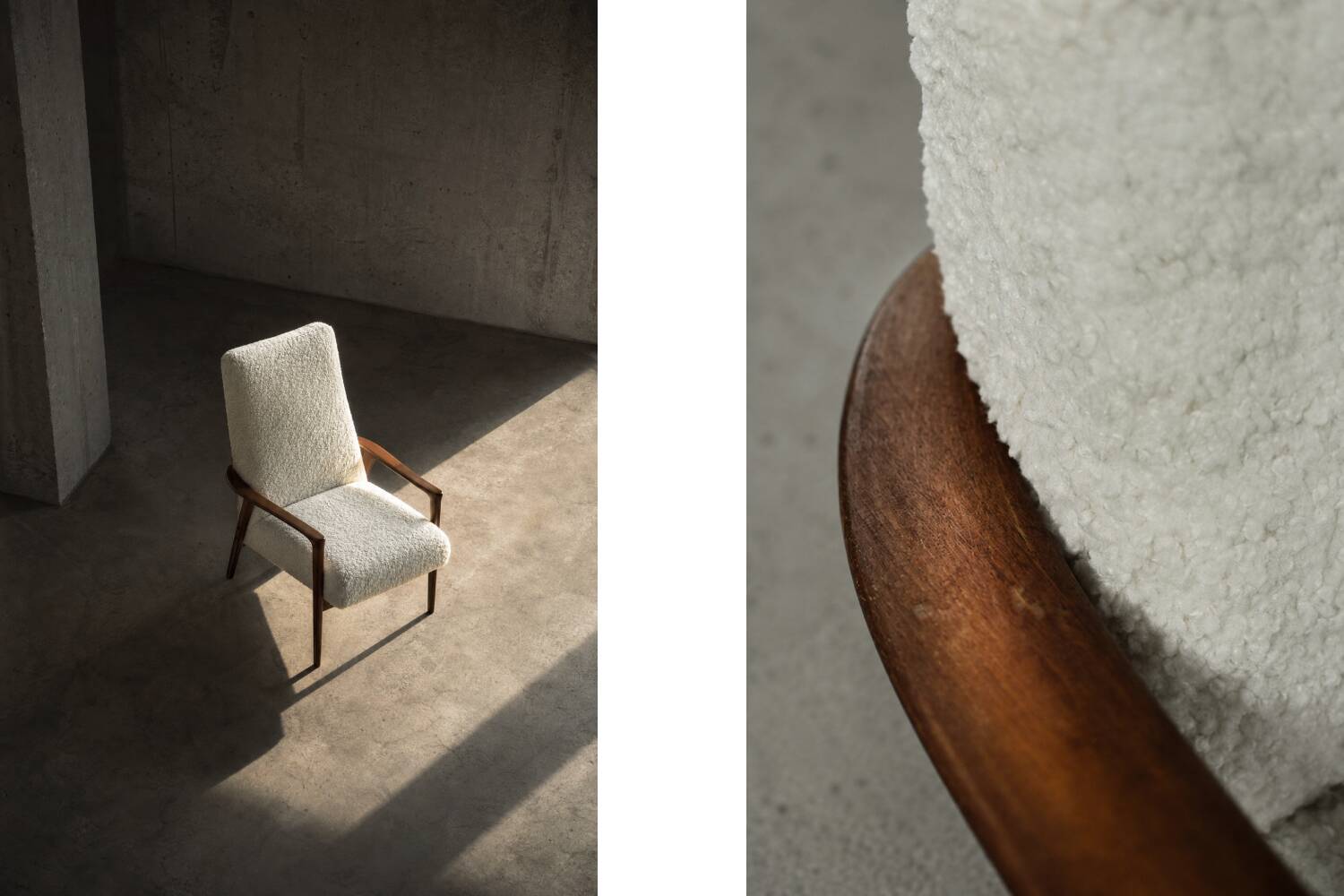 Vintage Mid-Century Scandinavian Modern White Boucle &Teak High Armchair