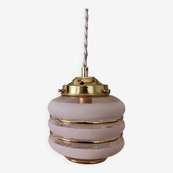 Vintage art deco globe pendant light in pink and gold granite glass